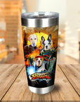 Personalized stainless steel tumbler with three dogs in "Street Doggos" cartoon warrior style.