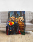 Personalized Superdog & Aquadog pet portrait blanket with two dogs in superhero costumes on a gray couch.