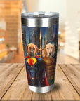 Personalized stainless steel tumbler with two dogs dressed as superheroes, Superdog and Aquadog.