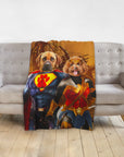 Personalized custom blanket with two dogs as superhero portraits, a brown dog as Superman and a poodle as Wonder Woman.