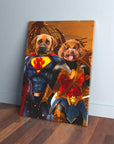Personalized 'Superdog & Wonder Doggette' canvas featuring two pets as superheroes on a wooden frame.