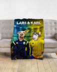 Personalized minky blanket with two custom dog portraits in Sweden football jerseys, named Lars & Karl.