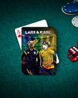 Personalized playing card featuring two dogs in Euro football jerseys, "Lars & Karl" text, on a green felt table.