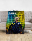 Personalized pet blanket with a dog's head on a soccer player's body, blue and yellow background, "LARS" text.