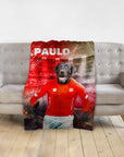 Personalized pet blanket with a black lab dog in a red soccer uniform, named "PAULO".