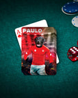 Personalized playing card featuring a black dog in a red soccer uniform on a green poker table with chips and dice.