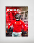 Black lab in a red Switzerland soccer jersey and white shorts, personalized with "PAULO," on a matte poster.
