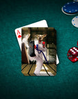 Custom personalized playing card featuring a dog in a white taekwondo gi breaking a board.