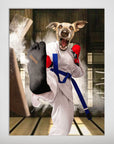 Personalized 'Taekwondogg' poster featuring a dog in a white gi, blue belt, red gloves, kicking a board.