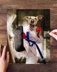 Personalized Taekwondogg pet puzzle featuring a dog in a white gi, red gloves, and blue belt.