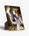 Taekwondogg personalized pet standing canvas featuring a dog in a white gi, blue belt, and red gloves breaking a board.