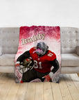 Personalized pet blanket with a gray dog in a red football uniform, named Buddy.