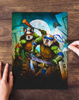Personalized 2-pet puzzle featuring dogs as Teenage Mutant Ninja Turtles, on a wooden table.