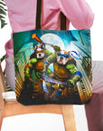 Personalized 2-pet tote bag with dogs as Teenage Mutant Ninja Turtles in a city scene.