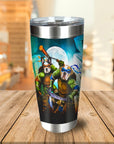 Personalized stainless steel tumbler with two dogs as Ninja Turtles, full moon, and city skyline.