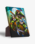 Personalized 3-pet "Teenage Mutant Ninja Doggos" canvas with stand, featuring dogs as ninjas in a city at night.