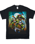 Black Gildan t-shirt with "Teenage Mutant Ninja Doggos" personalized 3-pet design, featuring dogs as ninjas.