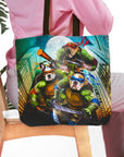 Personalized 3-pet tote bag with cartoon "Teenage Mutant Ninja Doggos" portrait on a city background.