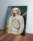 Custom Golden Retriever pet canvas as a tennis player in a cream sweater, holding a racket.