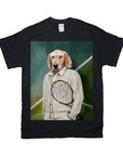 Black Gildan t-shirt with a golden retriever in a white tennis outfit holding a racket.