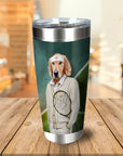 Personalized stainless steel tumbler with a golden retriever dog in a tennis player portrait.