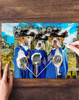 Personalized 3 pet puzzle featuring dogs in "3 Musketeers" renaissance royal costumes.