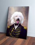 Personalized "The Admiral" pet canvas featuring a white fluffy dog in a navy and gold military uniform.