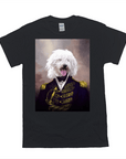 Black Gildan t-shirt featuring a white fluffy dog portrait in a blue admiral's uniform with gold trim.