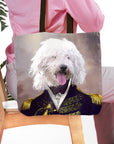 Personalized 'The Admiral' tote bag with a custom royal portrait of a white curly-haired dog.