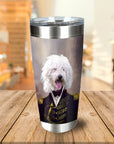 Personalized stainless steel tumbler with a custom royal portrait of a white fluffy dog in a navy admiral uniform.