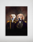 Personalized 2 pet poster featuring a yellow lab and golden retriever in admiral and captain uniforms.