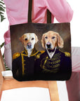 Personalized black tote bag with two custom pet portraits: a Labrador and a Golden Retriever in Admiral and Captain uniforms.