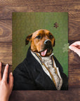 Personalized pet puzzle featuring a dog in a royal renaissance portrait style, being assembled on a wood table.