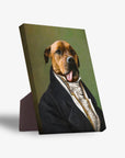 Personalized pet standing canvas featuring a dog in a black suit against a green background, with a sturdy back stand.