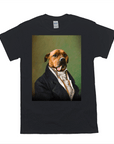 Black Gildan t-shirt with a personalized portrait of a dog in a vintage suit against a green background.