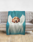 Personalized pet blanket with a golden doodle dog portrait as an angel on a teal background.