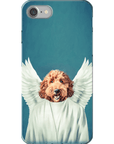 Personalized phone case with a brown doodle dog portrait as an angel on a teal background.