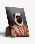 Personalized pet standing canvas featuring a pug in a pink and gold Archduchess costume with a white ruffled collar.