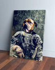 Personalized pet canvas featuring a brown dog's head on an army veteran's body in camouflage uniform.