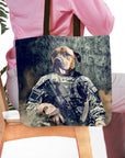 Personalized Army Veteran pet portrait tote bag featuring a dog in military uniform.
