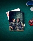 Personalized playing cards featuring two custom pet portraits of dogs in military uniforms.