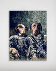 Personalized matte poster featuring two dogs as Army Veterans in camouflage, holding rifles.