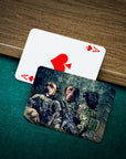 Custom personalized playing cards featuring three pets as Army veterans, on a green felt table.
