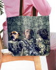 Personalized tote bag featuring three dogs in military uniforms against a textured background.