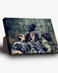 Personalized standing canvas featuring four pets in Army veteran uniforms against a dark, textured background.