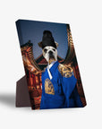 Personalized pet standing canvas featuring a bulldog in a blue Asian Emperor robe and black hat, against a temple background.