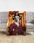 Personalized pet blanket with a golden retriever in a custom Asian Empress portrait.