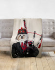 Personalized pet blanket featuring a Shih Tzu dog portrait dressed as a bagpiper in a Scottish kilt.