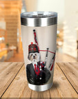 Personalized stainless steel tumbler with a custom portrait of a Shih Tzu dog dressed as a bagpiper.