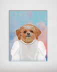 Personalized pet poster featuring a cute brown dog in a white dress, pearl necklace, and tiara against a pastel sky.